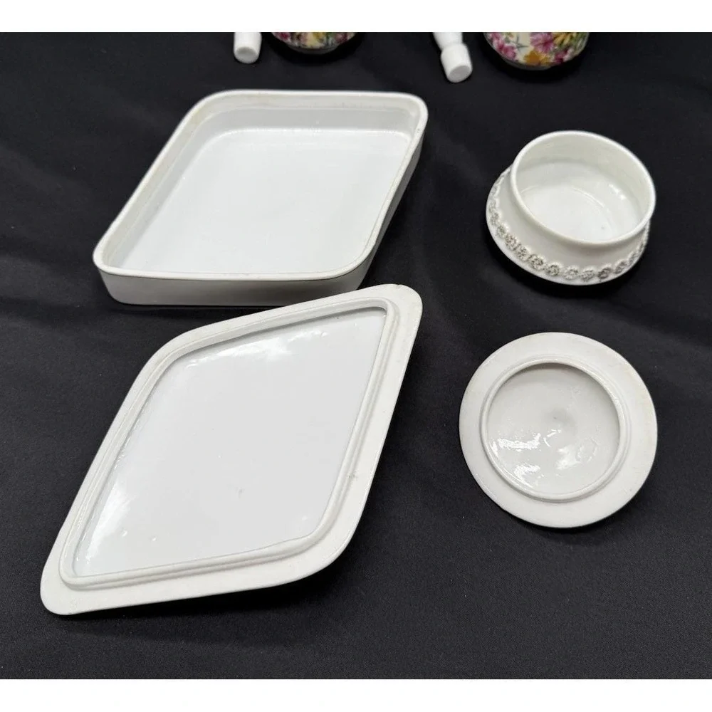 Vintage Tilso Japan Floral Gold Porcelain Dresser Vanity 4 Piece Set Bath Decor